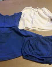 Ensemble 3 pièces robe culotte bleu gilet blanc obaibi 9 mois 
