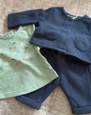 Ensemble bleu foncé jogging et gilet + tee-shirt longues manches vert tao 1 mois 