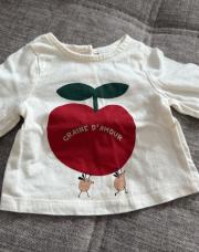 Tee-shirt longues manches blanc avec pomme rouge (graine d’amour) tao 1 mois 