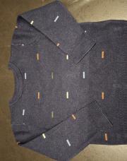 Pull en laine bleu marine avec ligne de couleur bleu- brun- vert- blanc, Samson, taille 98