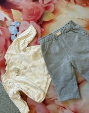 Ensemble blouse blanc rayé doré + jogging gris 3 mois 