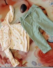 Ensemble rose/papillon + pantalon kaki 9 mois