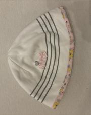 Bonnet bébé 41cm blanc rayé gris, bordure à fleurs