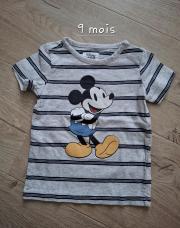 T-shirt gris rayé Mickey 9 mois (baby club)