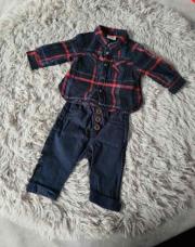 Ensemble 2 pièces Garçon TAO, Chemise bleu foncé ligne rouge + pantalon Bleu foncé, taille 3 mois