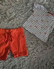 Ensemble 2 pièces Garçon TAO, 1 T-shirt blanc bleu singe + 1 short orange , taille 12 mois