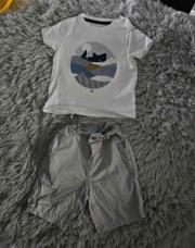 Ensemble 2 pièces Garçon OBAIBI, 1 T-shirt blanc requin + 1 short gris, taille 12 mois