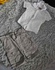 Ensemble 2 pièces Garçon TQF, Chemise courte manche blanche + 1 short gris/beige, taille 80 cm
