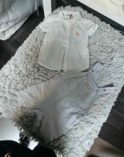 Ensemble 2 pièces Garçon ORCHESTRA, Salopette short grise + chemise verte claire / grise