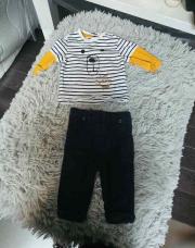Ensemble 2 pièces Garçon ORCHESTRA, Sous pull  jaune blanc ourson + pantalon bleu foncé, taille 3 mois