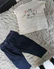 Ensemble 2 pièces Garçon, T-shirt blanc chat + pantalon bleu foncé, taille 9 mois