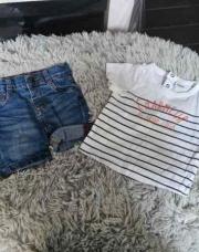 Ensemble 2 pièces Garçon, T-shirt blanc ligne bleu charmeur + short en jeans, taille 12 mois