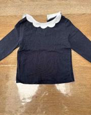 T shirt longues manches bleu marine col Claudine blanc 