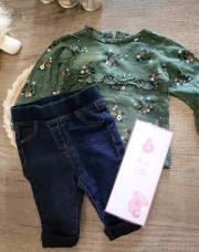 HAUT VERT A FLEURS ET JEANS 6 MOIS