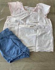 12 mois, ensemble fille H&M short bleu,t-shirt rose pale