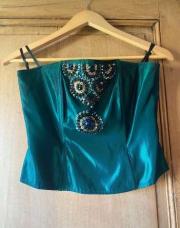 bustier Bandolera satiné bleu canard irisé et broderie de perles et sequins 36