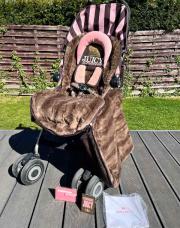 Poussette cane maclaren rose/brune avec chancelier et rehausseur bébé 