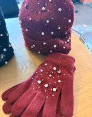 Bonnet + gant perle bordeau TU
