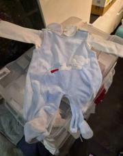 Hiver salopette bleu ours + sous pull blanc