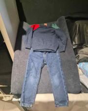 Hiver 2pcs pull foncé rouge vert + jeans