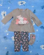 Ens t-shirt ML+legging+chaussettes chats 6 mois